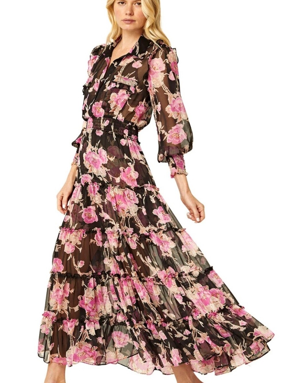 MISA Los Angeles Black and Pink Floral Tiered Maxi Dress